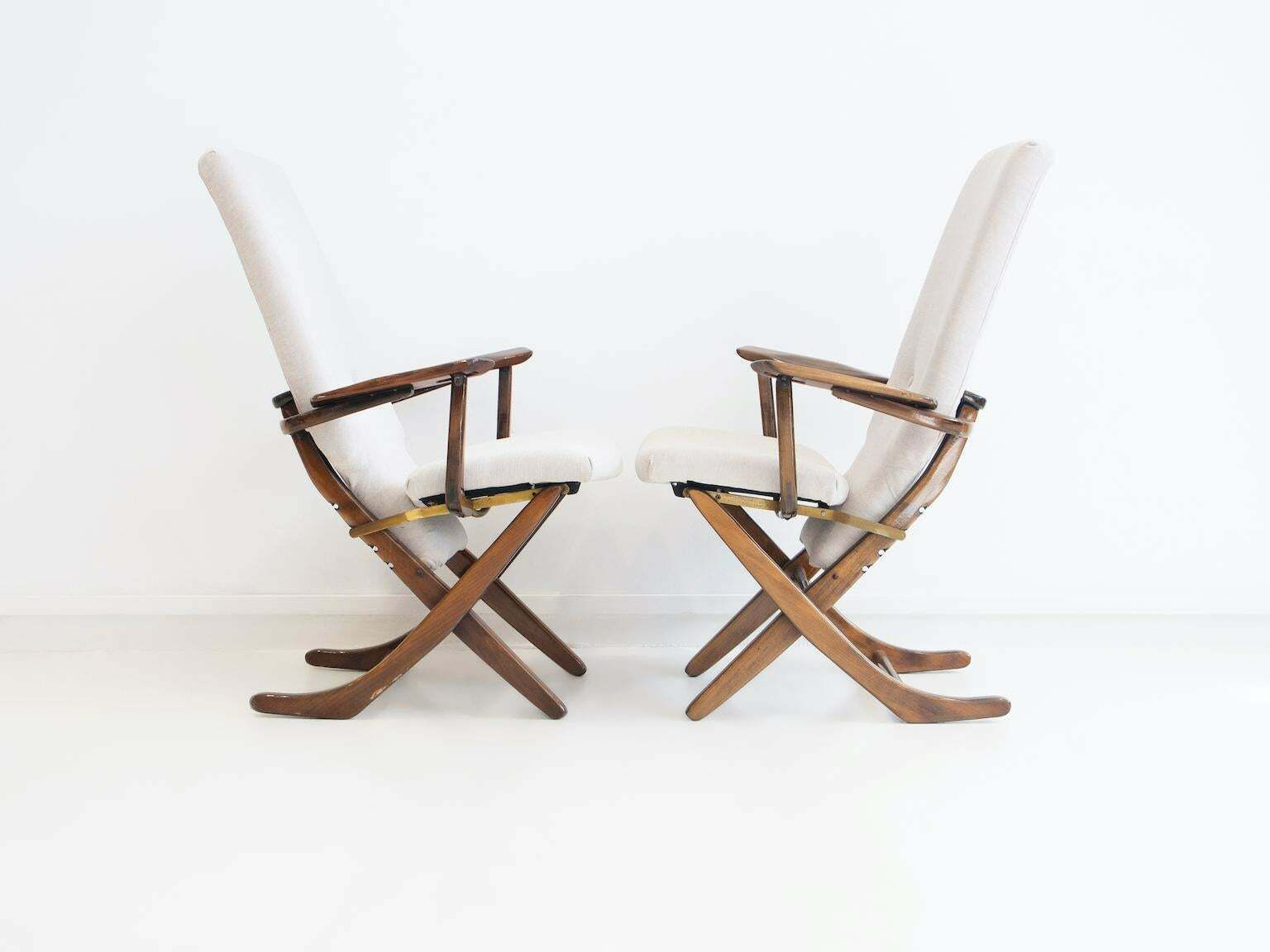 photo for sale Pair Of Light Fabric Upholstered Recliner Chairs Of Varnished Wood $3,146.33per Set