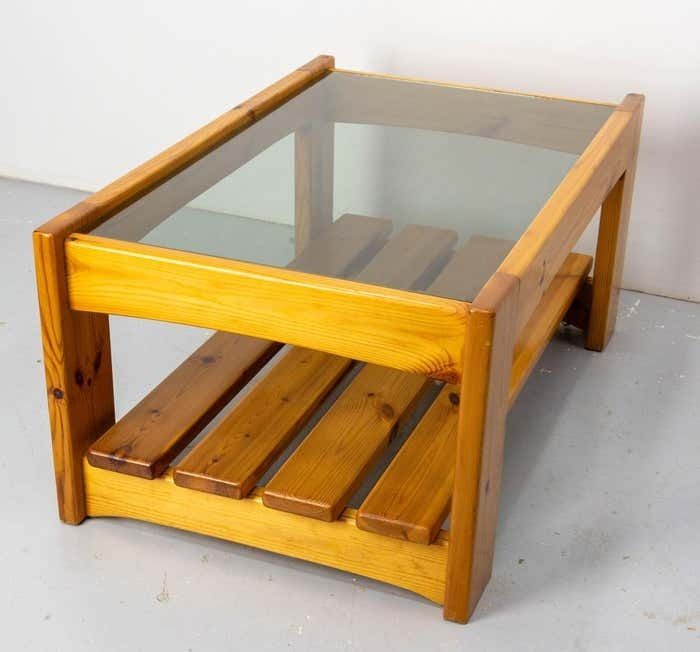 photo furniture French Vintage Coffee Table, Pine And Smoked Glass, Circa 1980