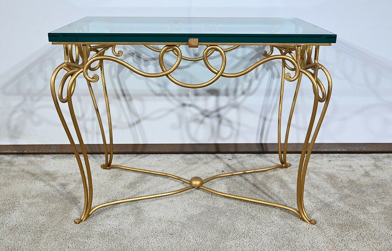 Small Table In Golden Wrought Iron And Glass, Drouet Spirit, 1970 photo 1329.03225843
