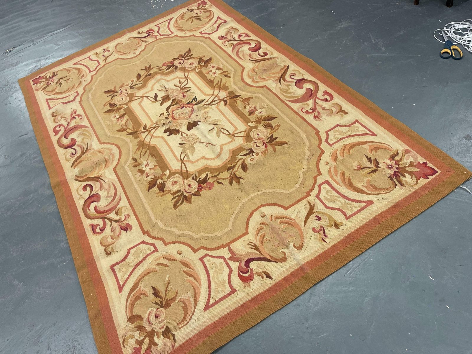 Traditional Carpet Aubusson Rug Golden Brown Handwoven Wool Needlepoint Rug Sale photo furniture