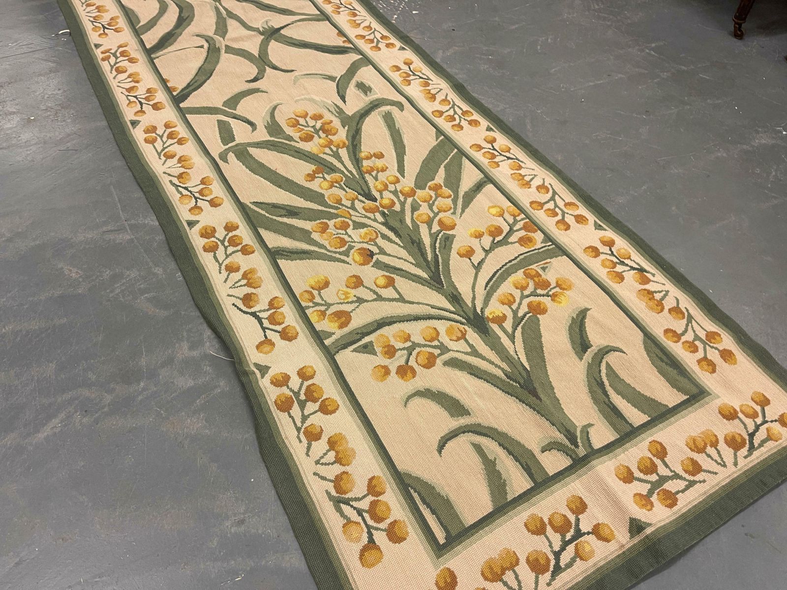 Botanical Aubusson Rug Green Beige Handwoven Wool Needlepoint Traditional Carpet photo furniture