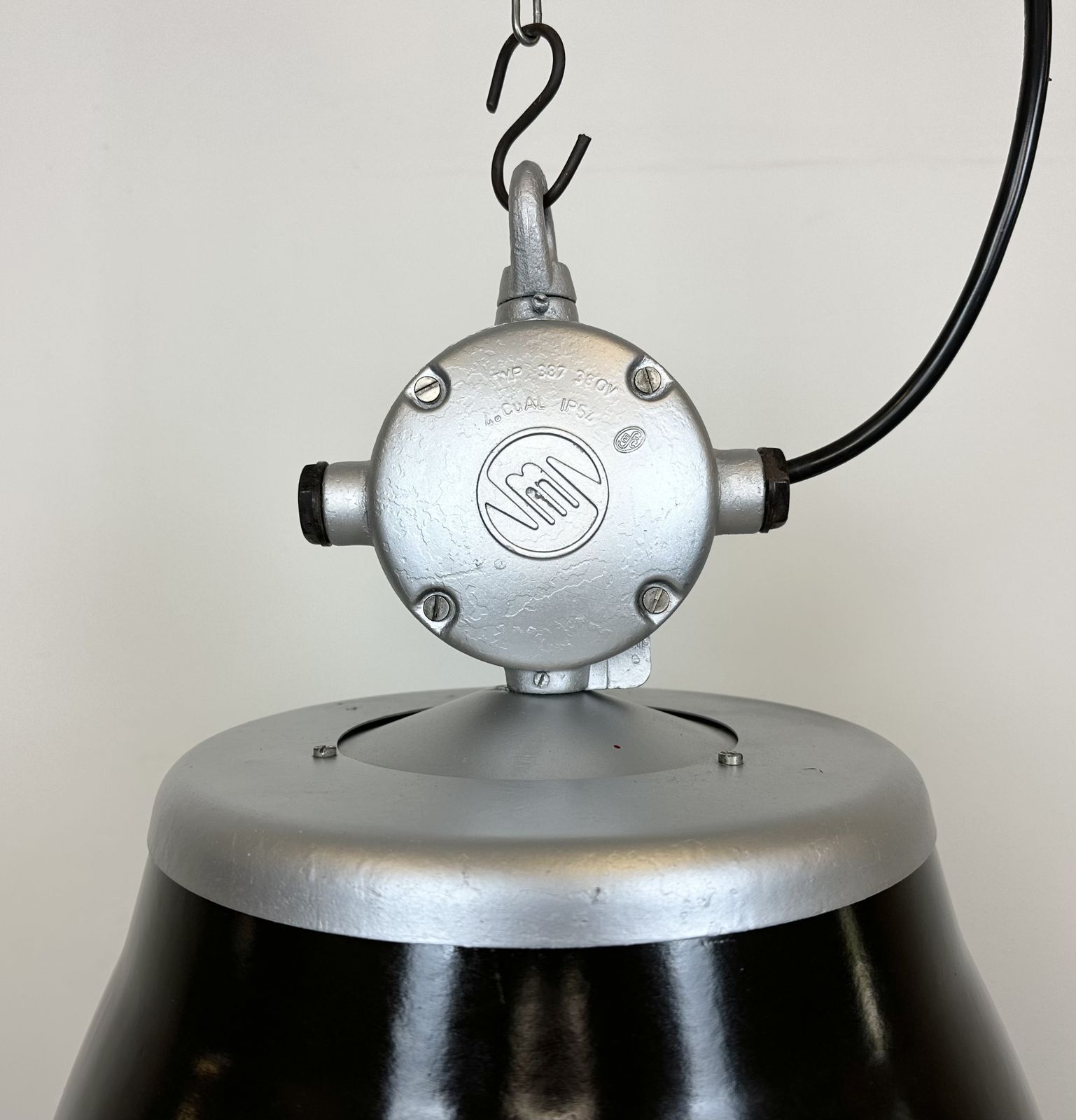Industrial Black Enamel Factory Pendant Lamp, 1960s, 49x photo vintage