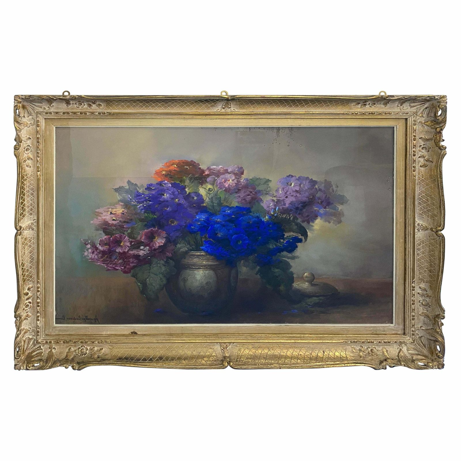 Pastel Painting "Vase With Flowers" Signed Jaak Van Den Seylbergh Belgium, 1950