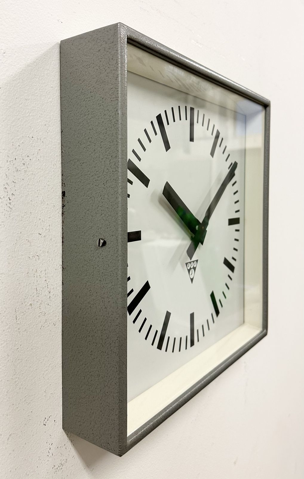 Grey Industrial Square Wall Clock From Pragotron, 1970s, 2x photo for sale
