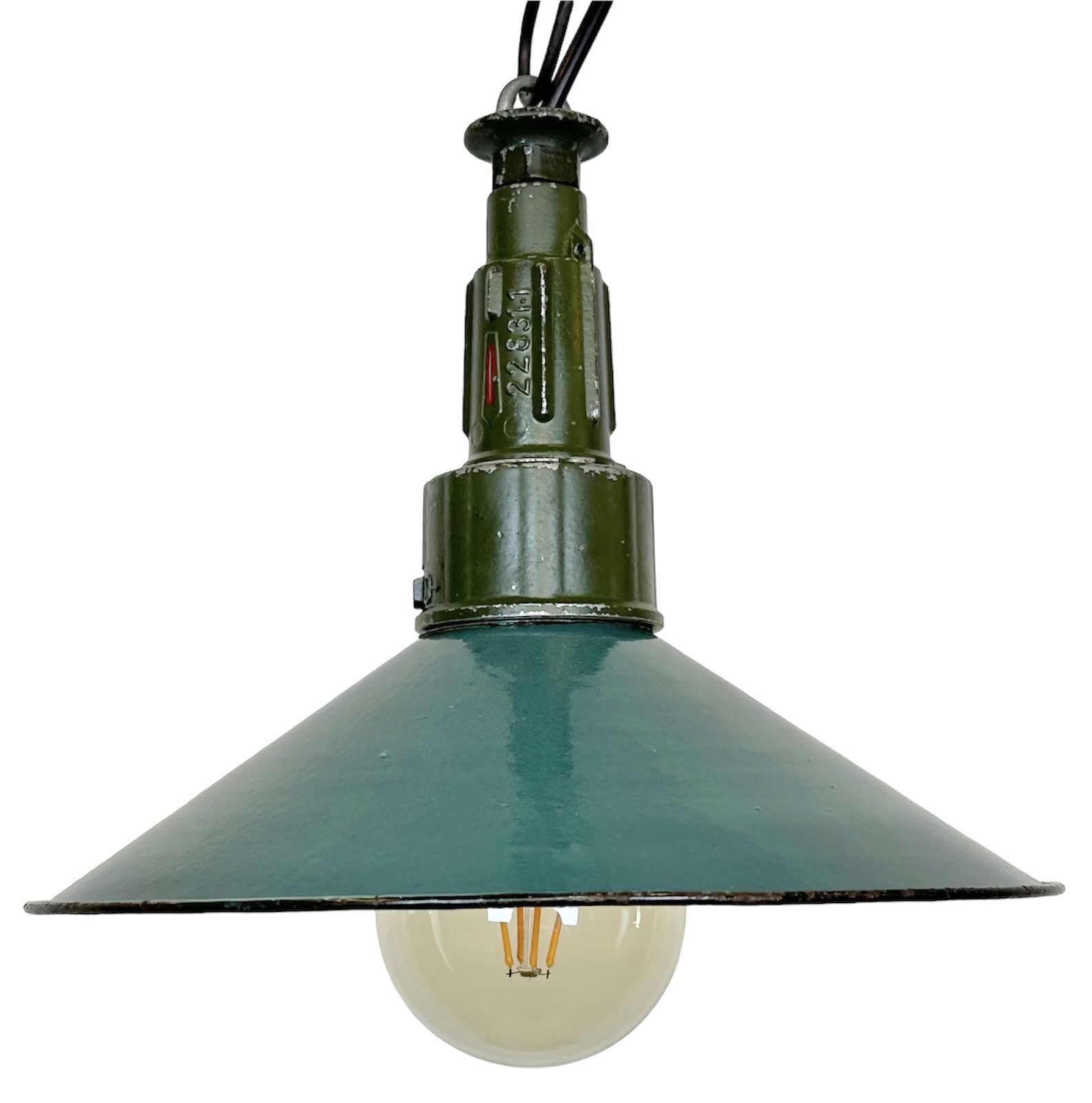 Industrial Petrol Enamel Military Pendant Lamp With Cast Aluminium Top, 1960s, 4x