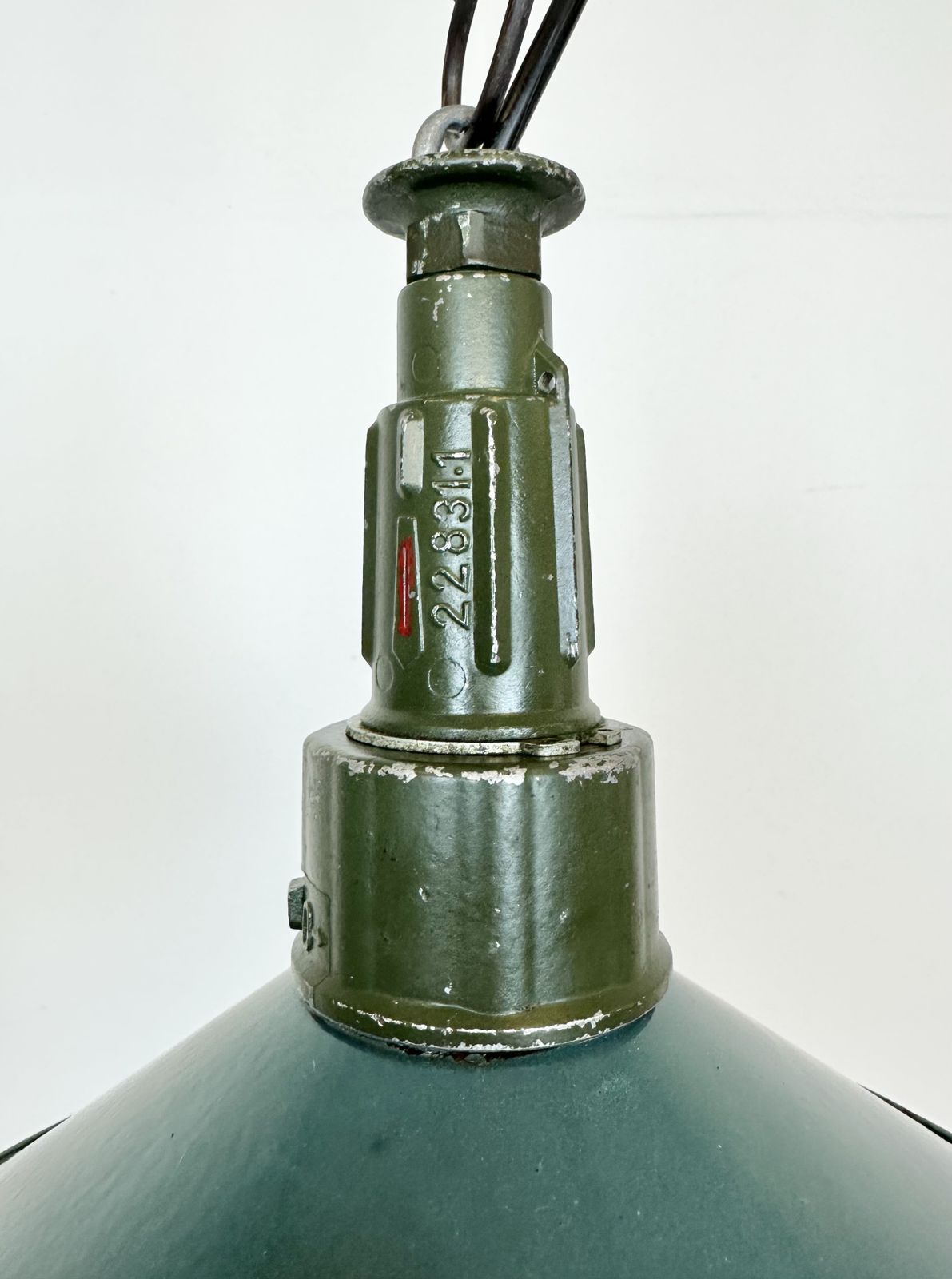Industrial Petrol Enamel Military Pendant Lamp With Cast Aluminium Top, 1960s, 4x photo furniture