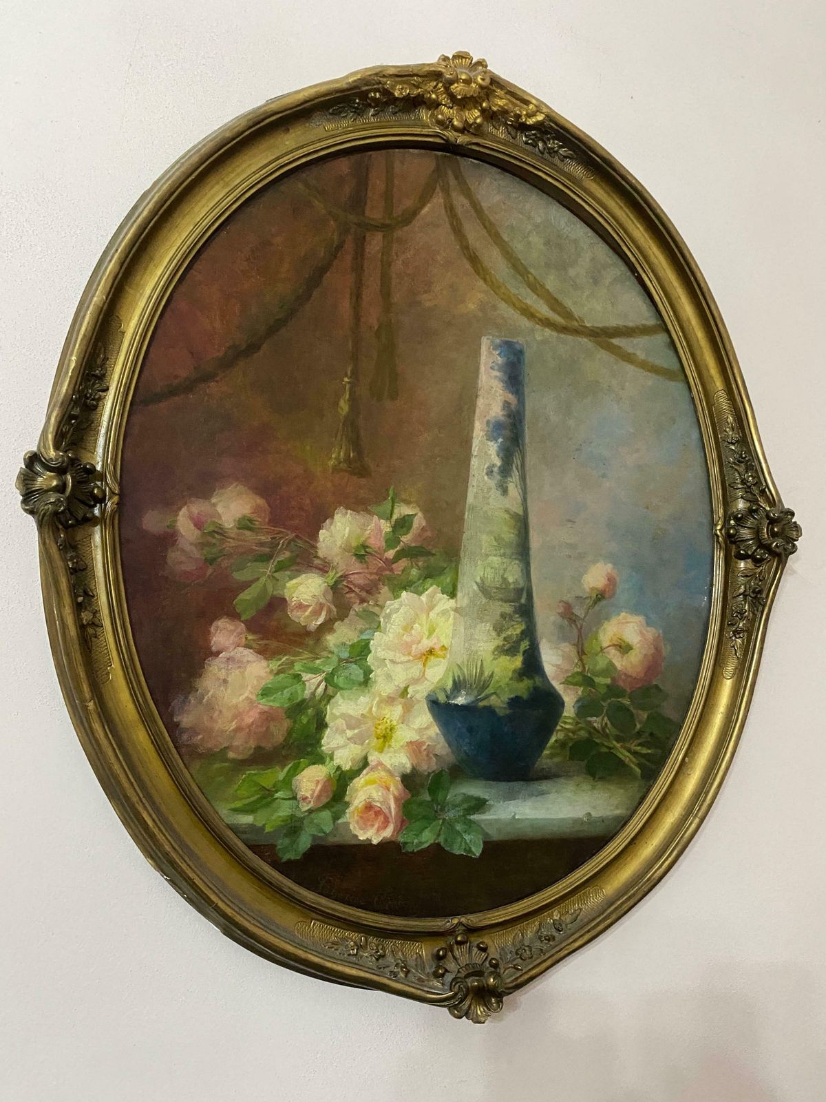 Antique Oil Painting "Still Life With Flowers" Signed Guerin Therese Early 1900s photo furniture