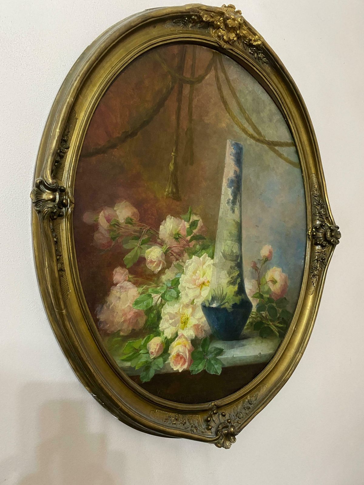 Antique Oil Painting "Still Life With Flowers" Signed Guerin Therese Early 1900s photo for sale