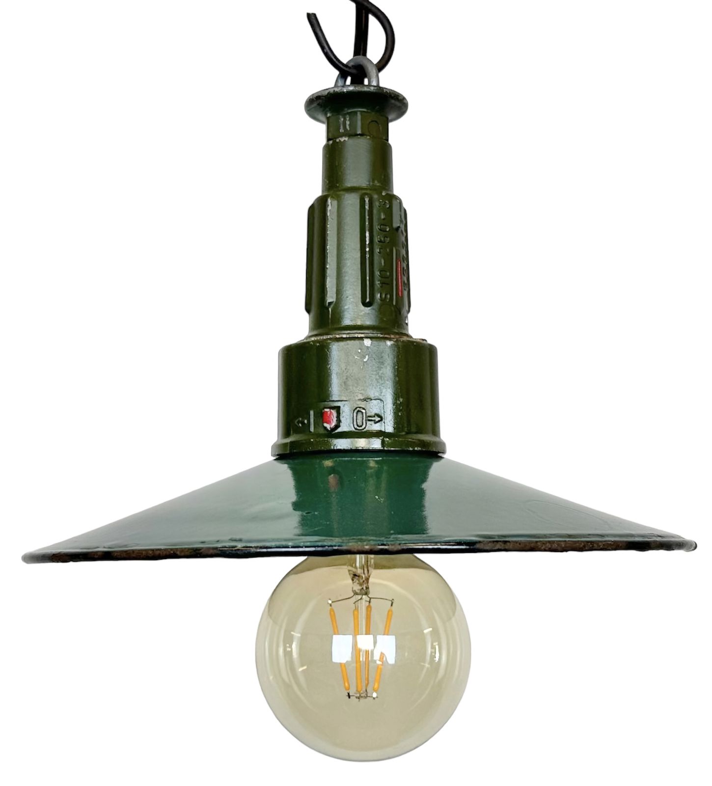 Industrial Petrol Enamel Military Pendant Lamp With Cast Aluminium Top, 1960s, 2x