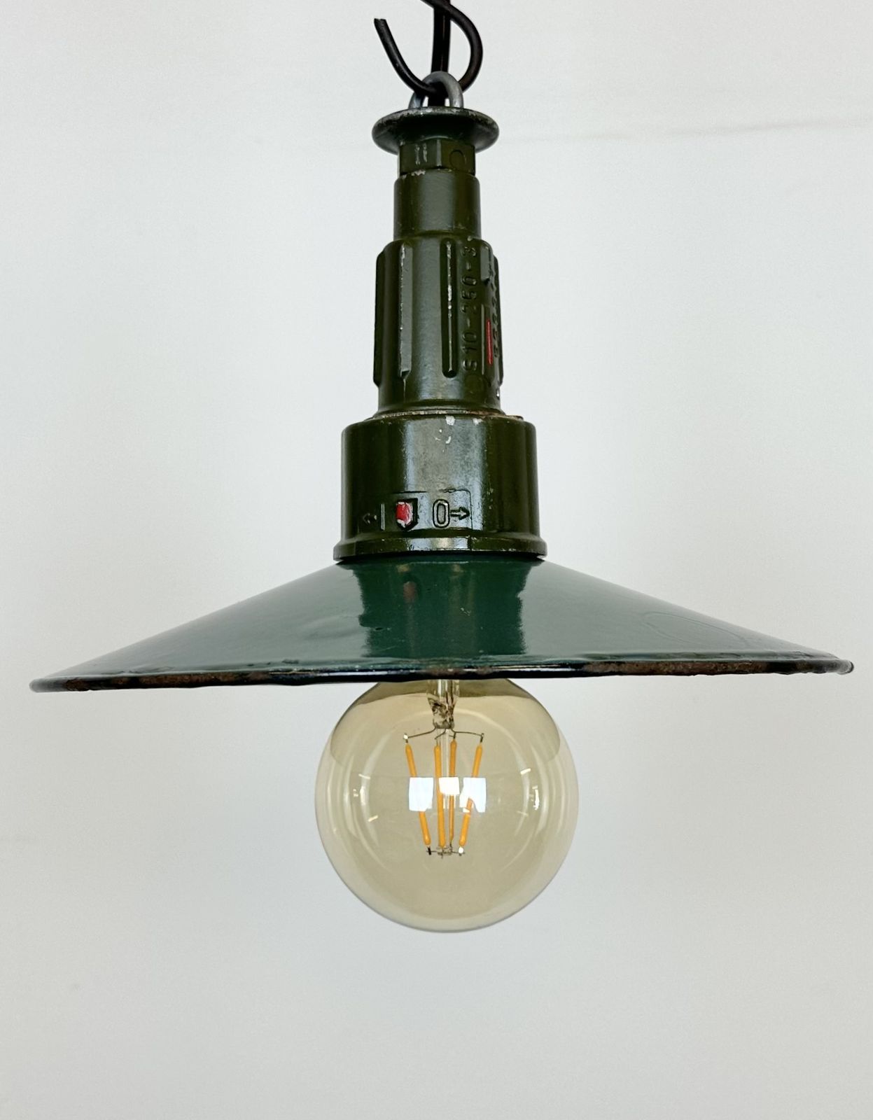 Industrial Petrol Enamel Military Pendant Lamp With Cast Aluminium Top, 1960s, 2x photo 179.0