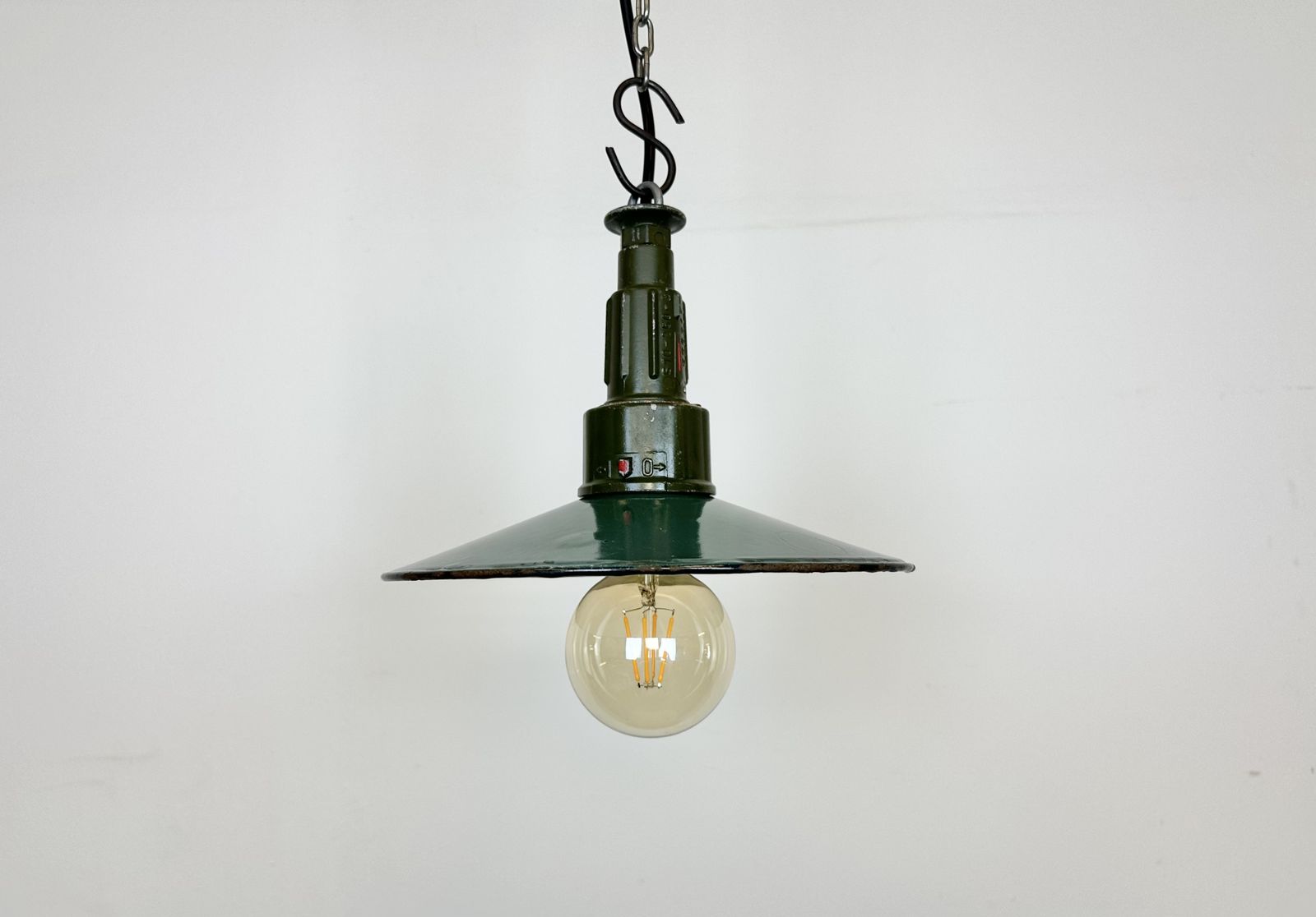 Industrial Petrol Enamel Military Pendant Lamp With Cast Aluminium Top, 1960s, 2x photo vintage