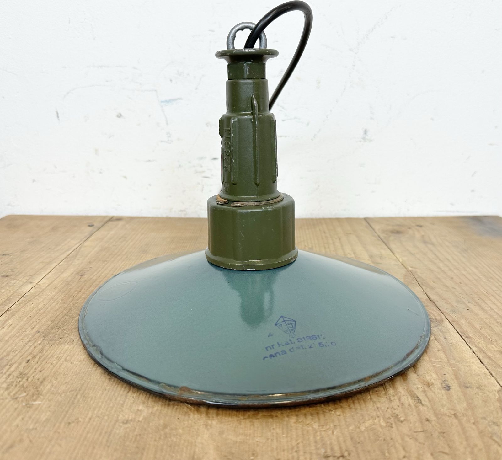 Lighting Industrial Petrol Enamel Military Pendant Lamp With Cast Aluminium Top, 1960s, 2x photo