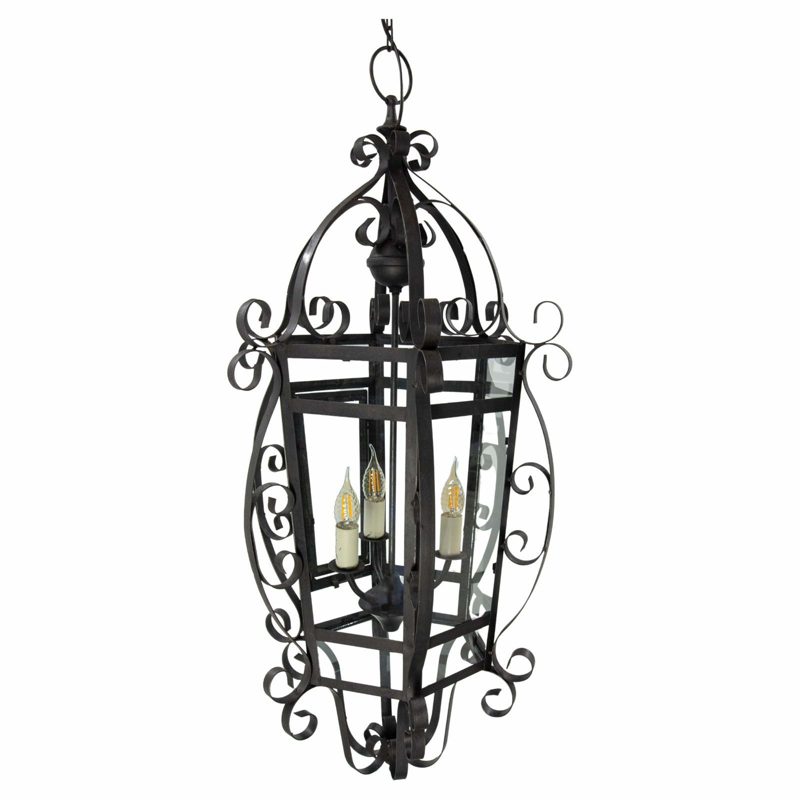 French Ceiling Lamp Wrought Iron And Glass Pendant Lustre, Circa 1960