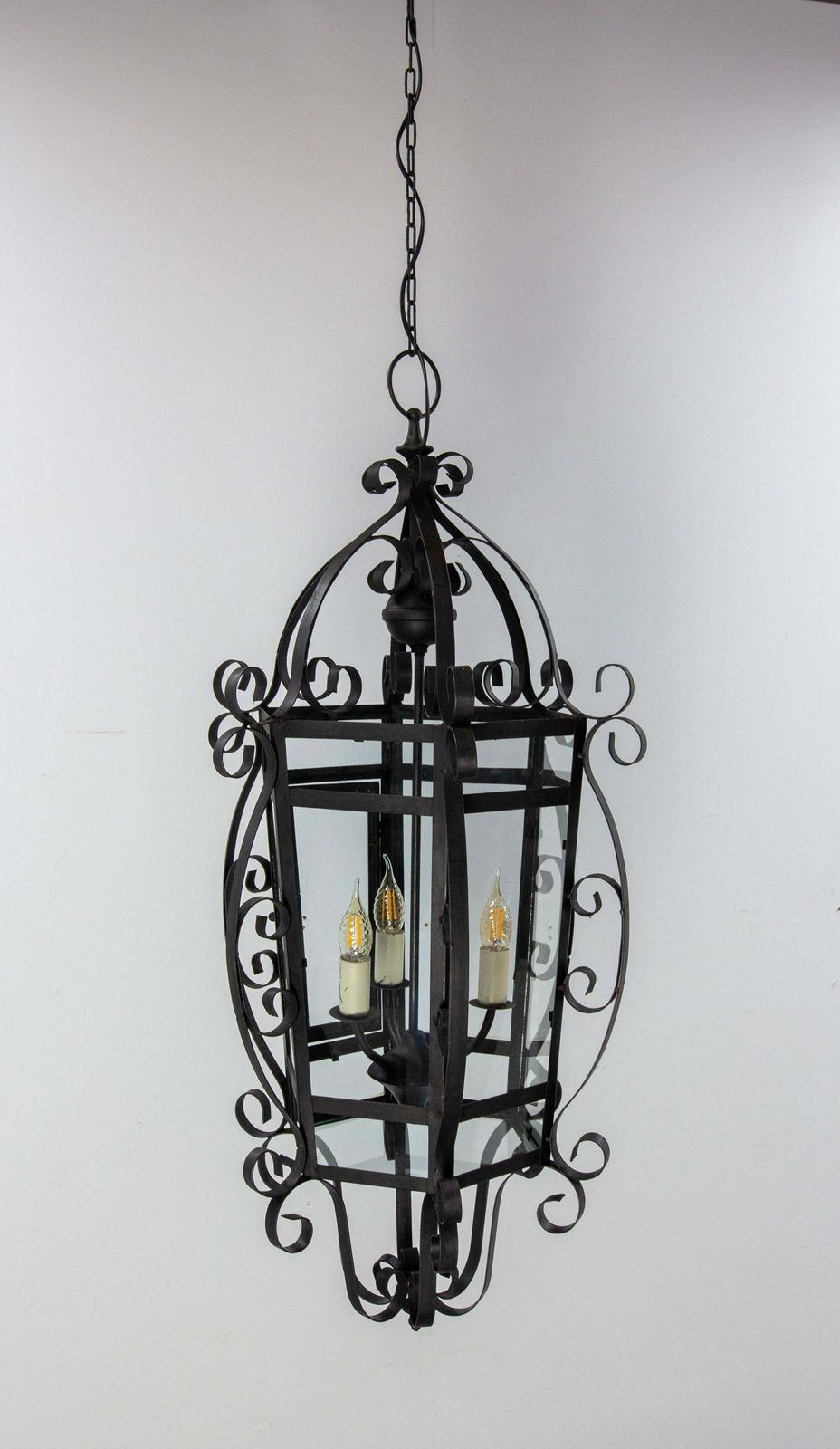French Ceiling Lamp Wrought Iron And Glass Pendant Lustre, Circa 1960 photo for sale