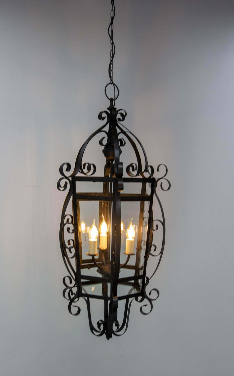 French Ceiling Lamp Wrought Iron And Glass Pendant Lustre, Circa 1960 photo vinterior