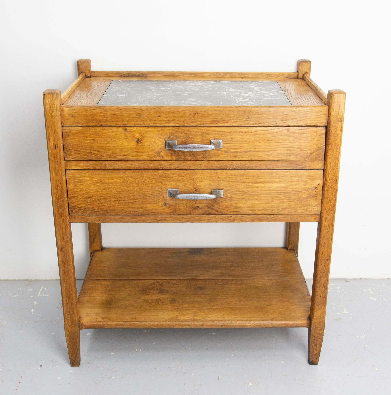 Oak & Marble Dessert With Two Drawers, Circa 1940 France