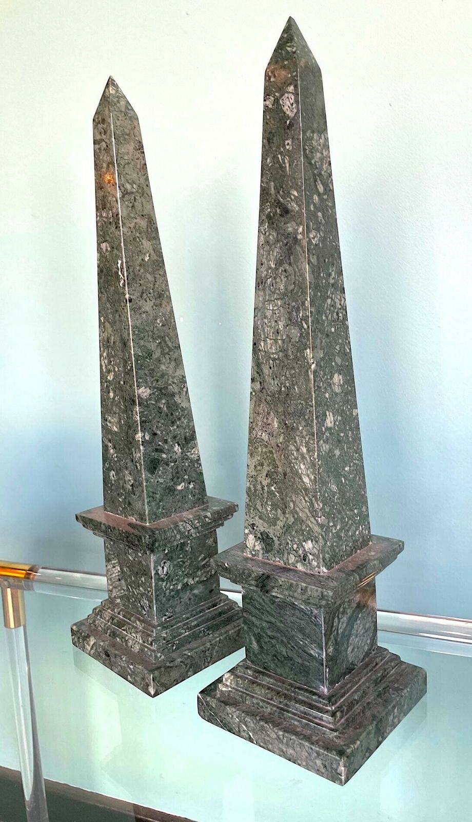 photo for sale A Pair Of Italian Verde Indio Green Marble Obelisks