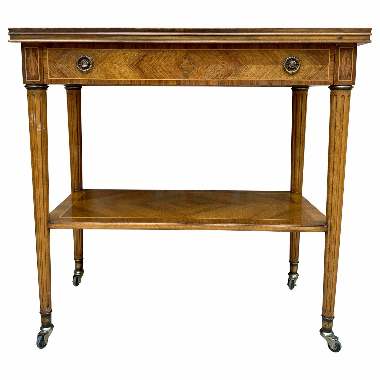 Table d'appoint néoclassique française en marqueterie, un tiroir et roulettes, années 1940