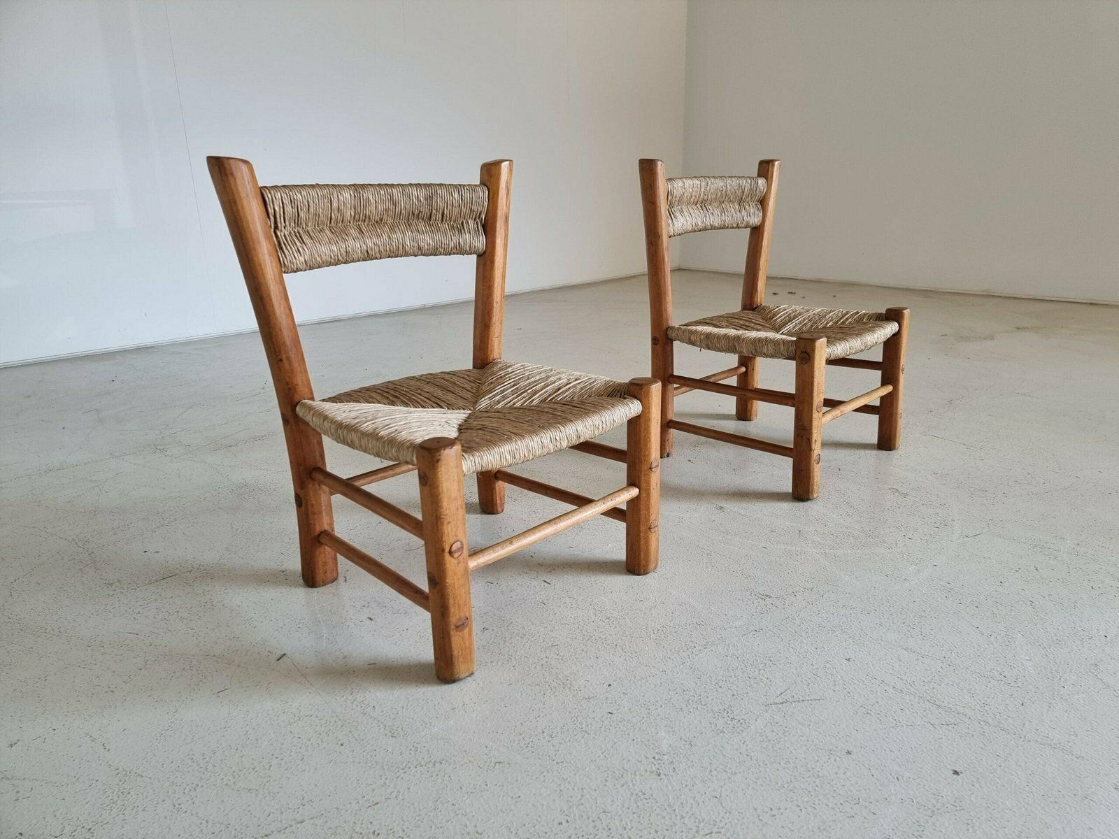 French Rustic Chairs In Elm Wood & Straw By Charlotte Perriand, 1960s, Set Of 2