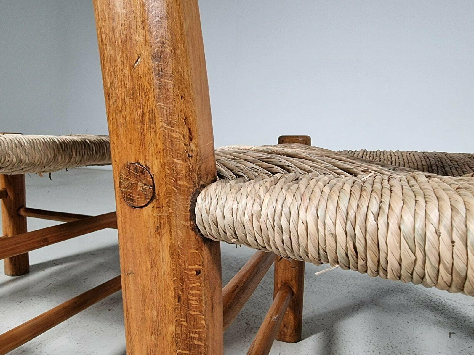 photo for sale French Rustic Chairs In Elm Wood & Straw By Charlotte Perriand, 1960s, Set Of 2