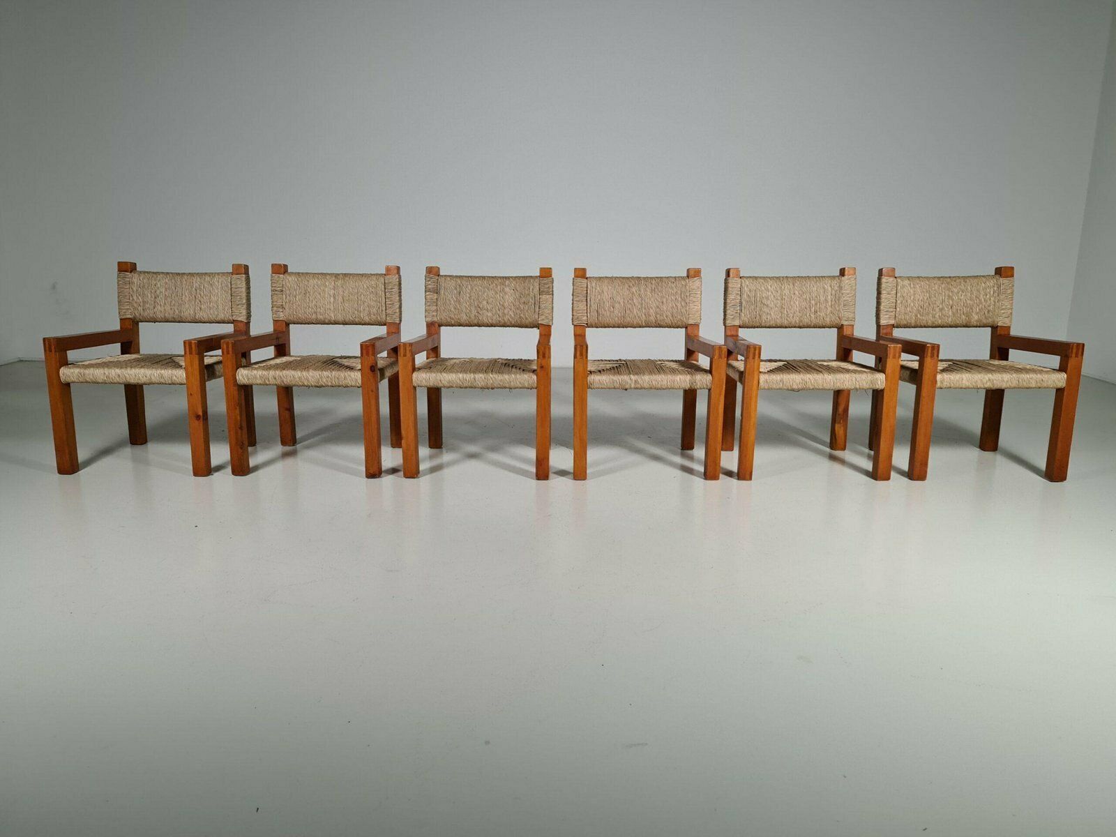 Brutalist Pine Wood Dining Chairs, France, 1960s, Set Of 6