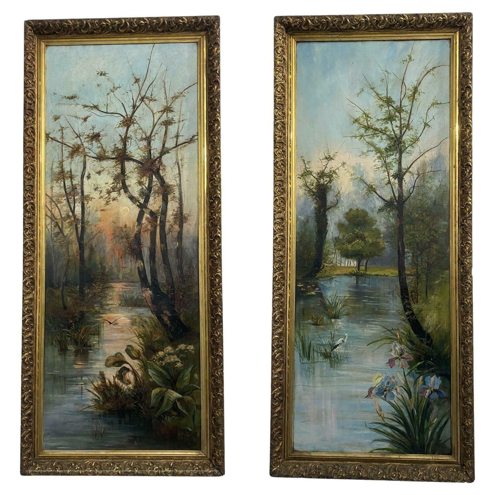 Antique Pair Of Oil Paintings "Landscape "Signed , Germany, Jugendstil, 1901