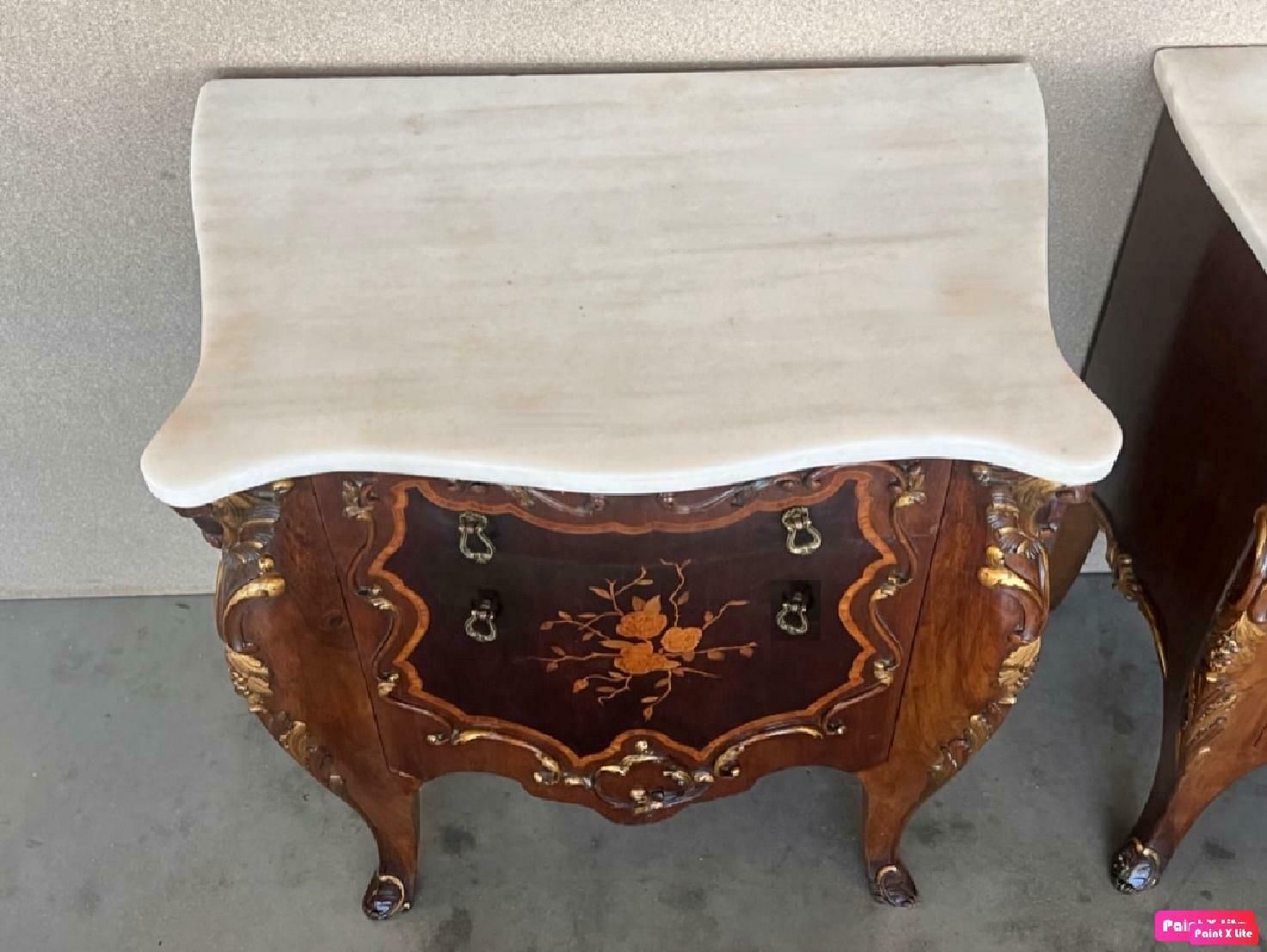 Tables de chevet ou tables d'appoint Louis XV en marqueterie, plateau en marbre photo for sale
