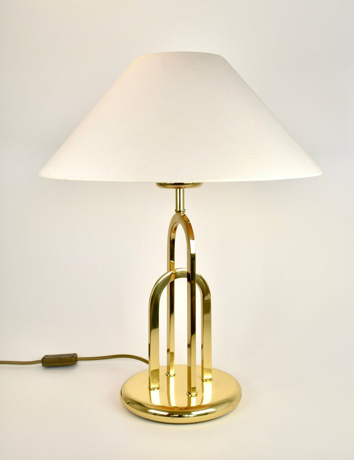 Rare Vintage Brass Statement Table Lamp | Hollywood Regency Accent Light | Mid Century Modern | Postmodern Gold White 1970s 1980s Eighties photo for sale