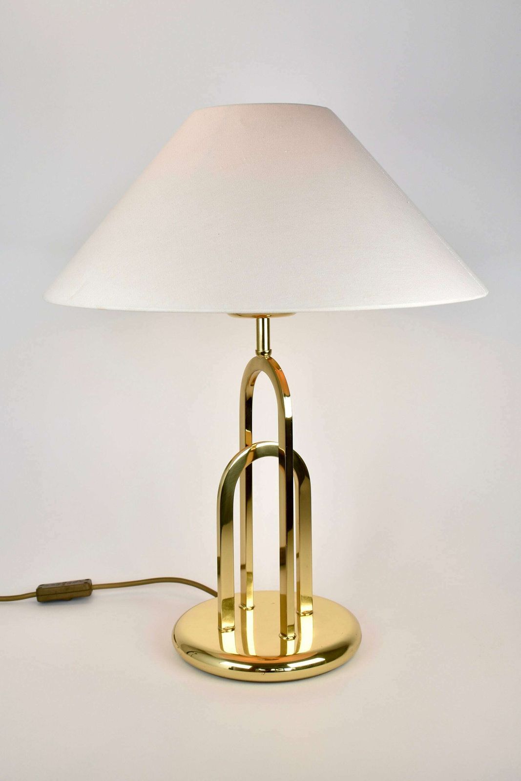 photo furniture Rare Vintage Brass Statement Table Lamp | Hollywood Regency Accent Light | Mid Century Modern | Postmodern Gold White 1970s 1980s Eighties