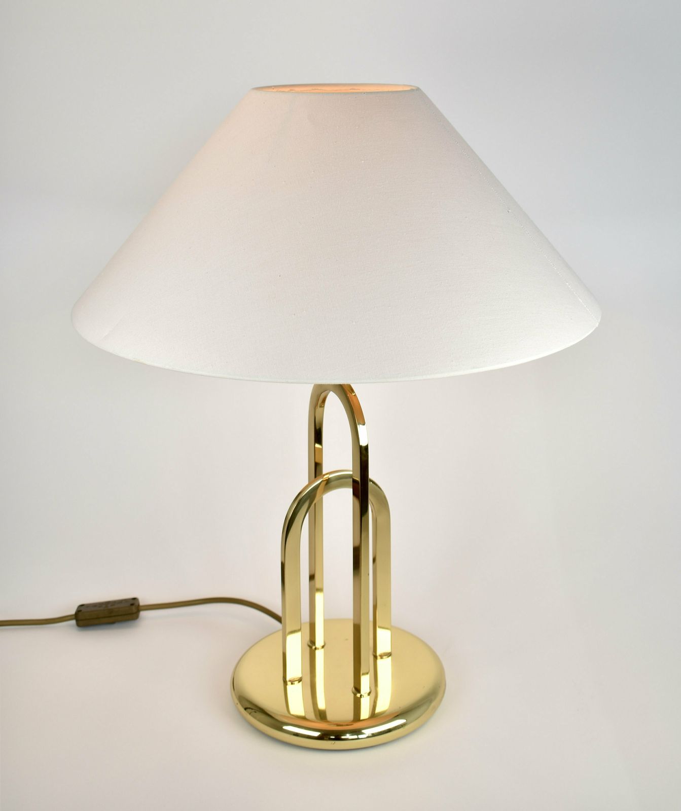 photo for sale Rare Vintage Brass Statement Table Lamp | Hollywood Regency Accent Light | Mid Century Modern | Postmodern Gold White 1970s 1980s Eighties