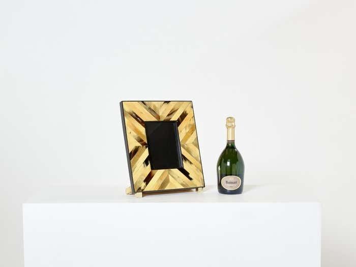 Mid Century Italian Brass Horn Marquetry Picture Frame 1970 photo vintage