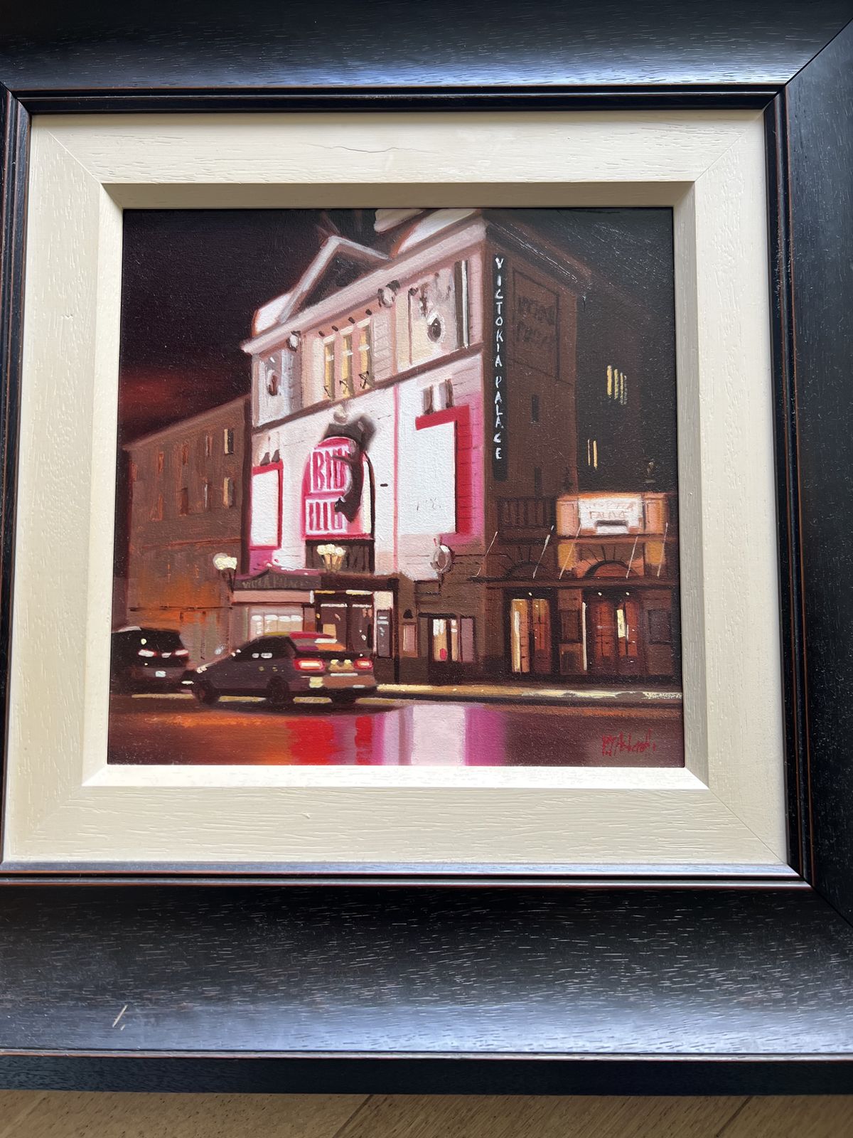 Signed Michael Ashscroft Oil Painting Of Victoria Palace Theatre, 'Billy Elliot' In Black Wood Frame photo for sale