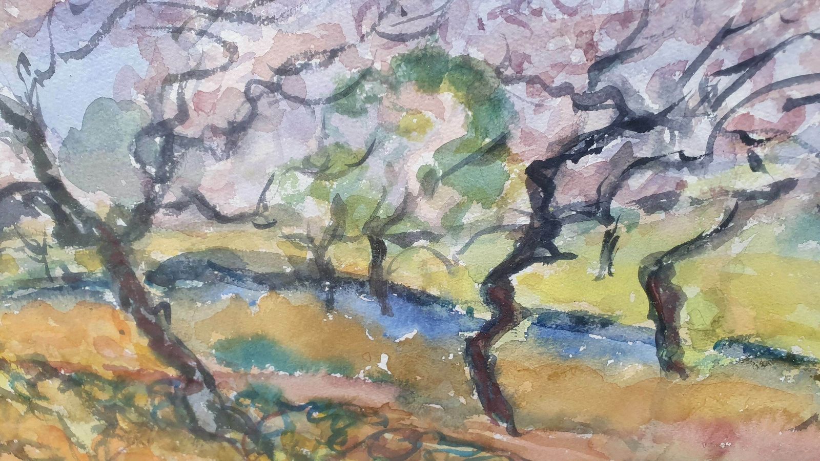 Vintage Abstract Original Watercolour Outback Trees And Creek Mavis Wilson Australia. photo buy