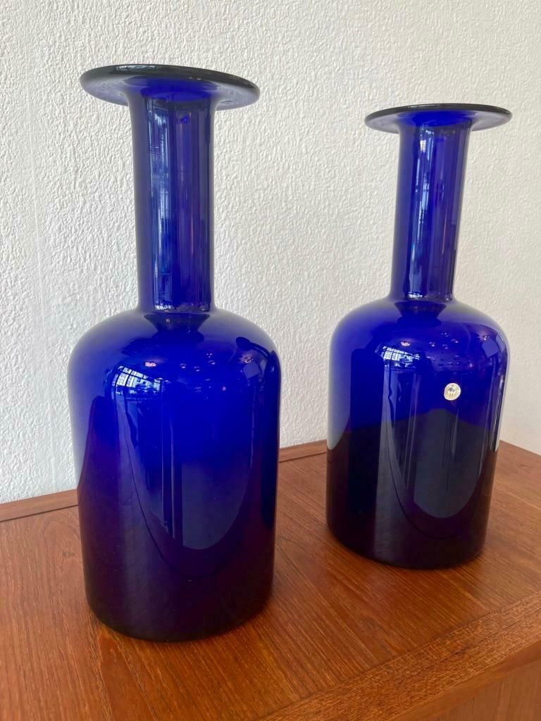 2 Blue "Gulvase" Glass Vases By Otto Bauer Produced By Holmegaard, Denmark 1960s photo for sale