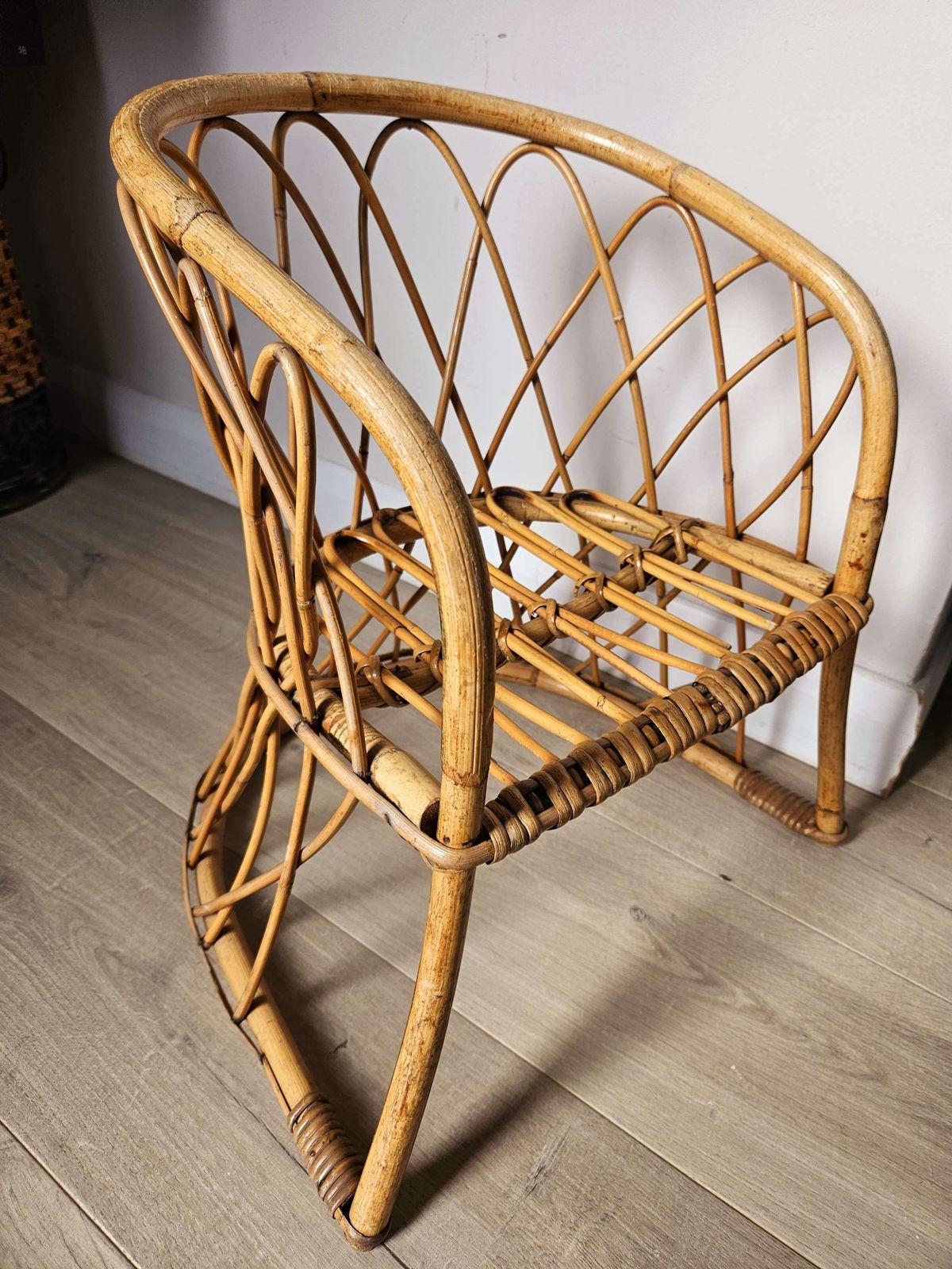 Mid Century, Bamboo Child's Chair With Fitted Cushion photo for sale