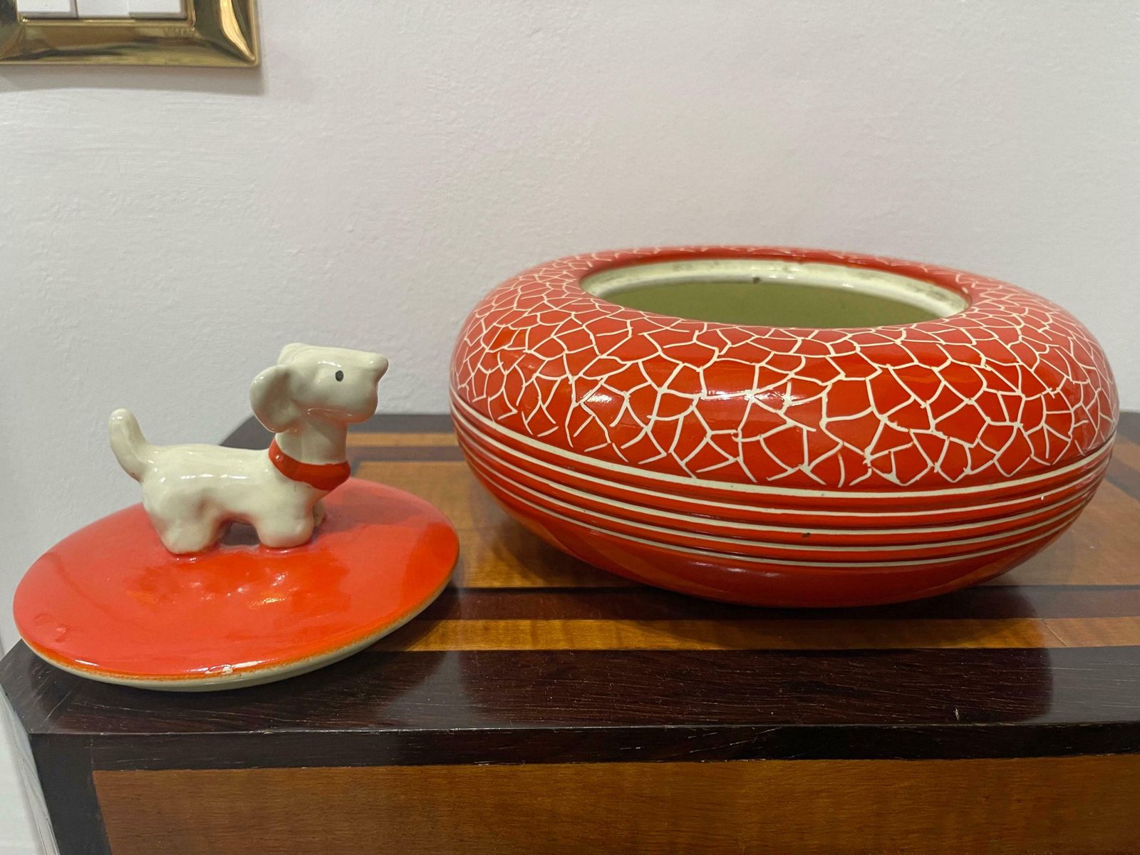 Italian Decorative Ceramic Box 1940 Perugia Coral Red Rometti Dog photo for sale