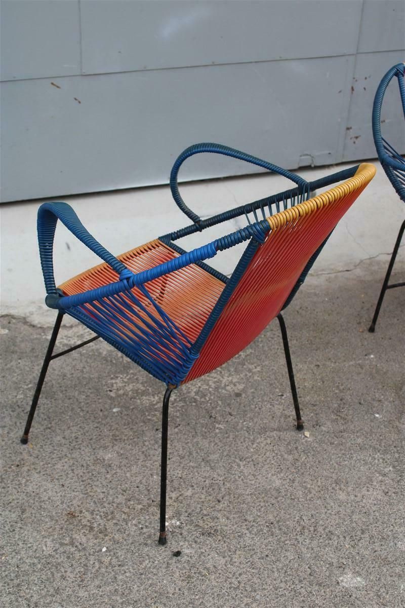 2986.0 Mid Century Italian Red And Blue Metal And Plastic Sofa And Armchairs 1950s photo