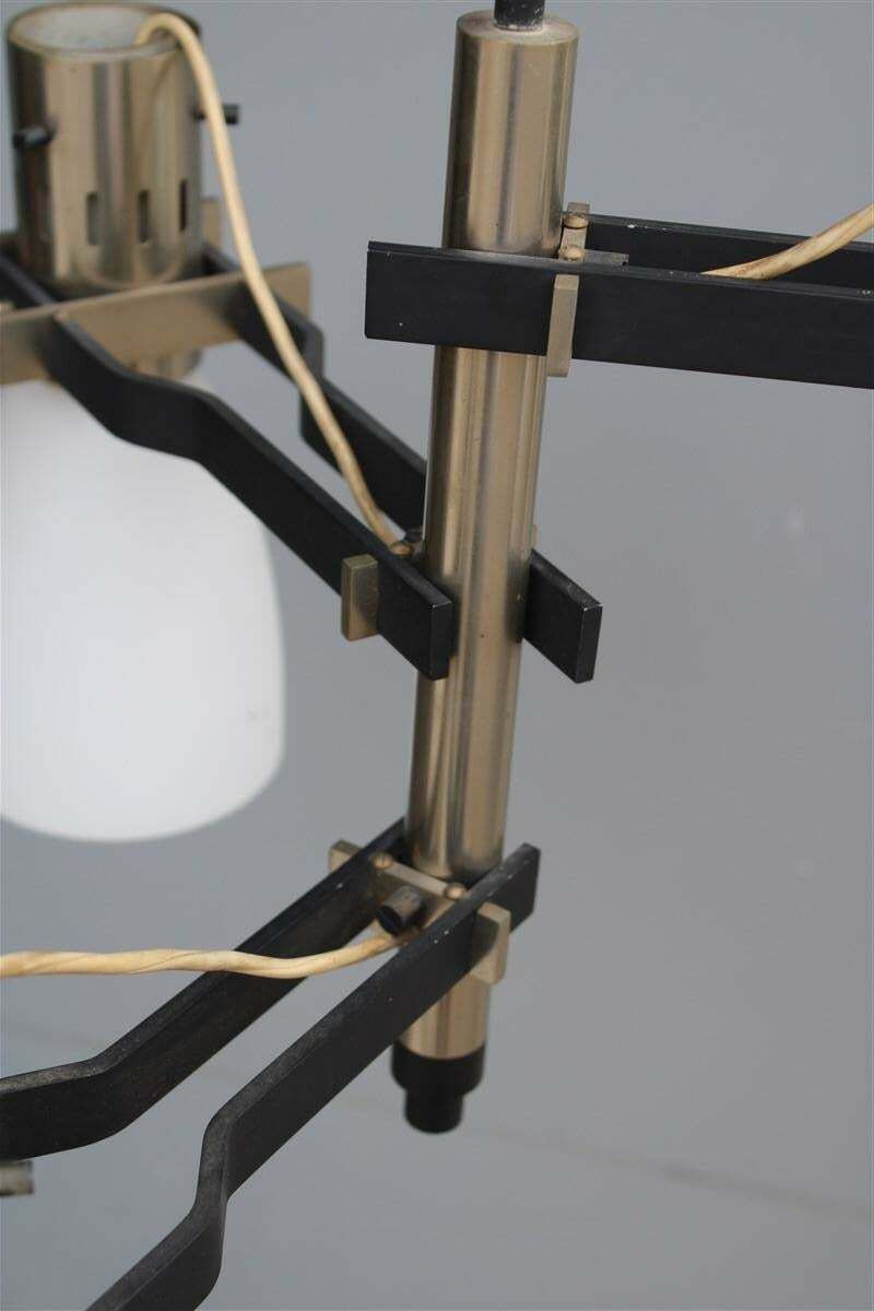 Italian Stilnovo Chandelier In Black And Nickel Plated Metal Satin Glass Bowls photo for sale