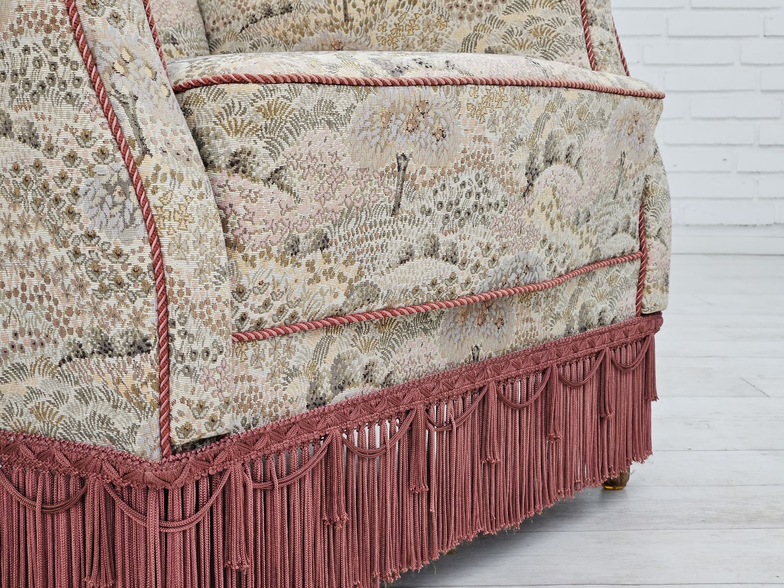 1955 60s, Danish Design, High Back Armchair In Floral Multicolor Fabric, Original Condition. photo furniture