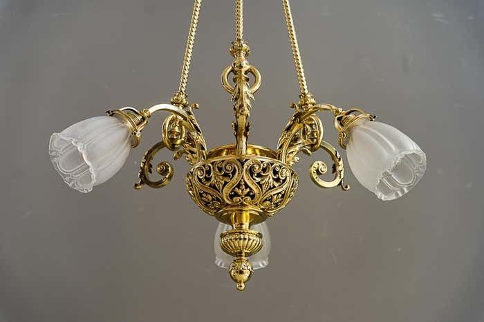Historic Chandelier Vienna Around 1890s With Original Antique Glass Shades photo vintage