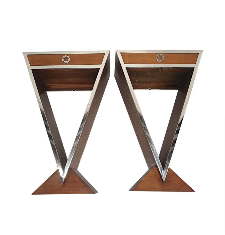 A Stunning Pair Of Cherrywood And Chrome Side Tables In The Art Deco Style photo vinterior