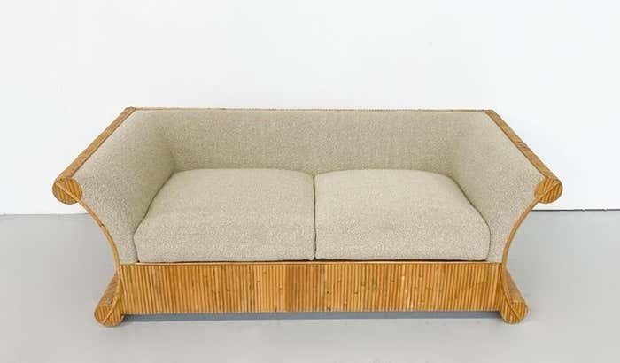 Mid Century Modern Rattan Two Seater, Beige Boucle Fabric, Italy, 1960s photo furniture