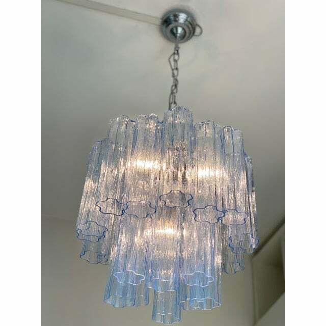 photo furniture Contemporary Sky Blue “Tronchi” Murano Glass Chandelier In Venini Style