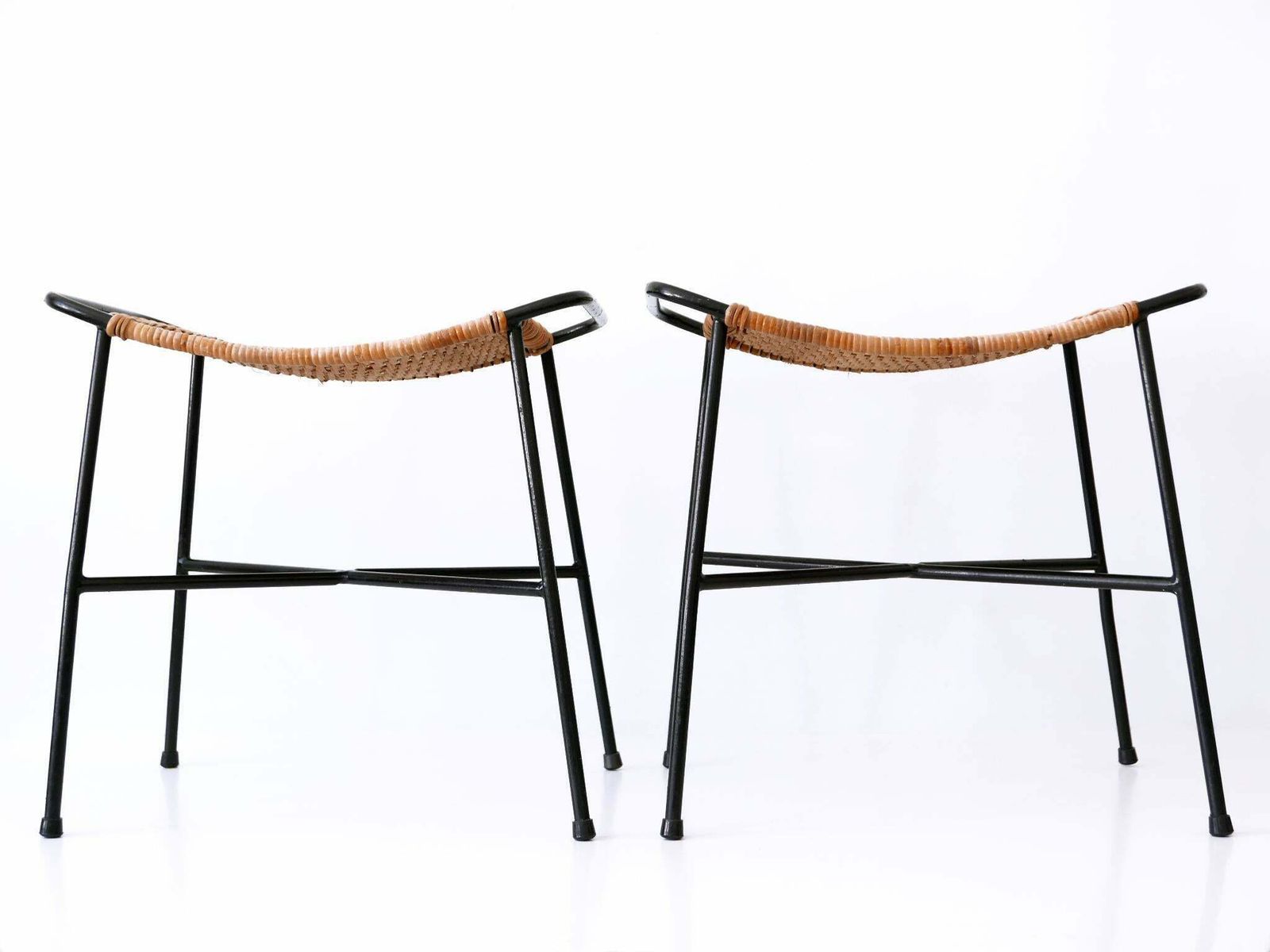 Set Of Two Lovely Mid Century Modern Rattan Stools Germany 1960s photo vinterior