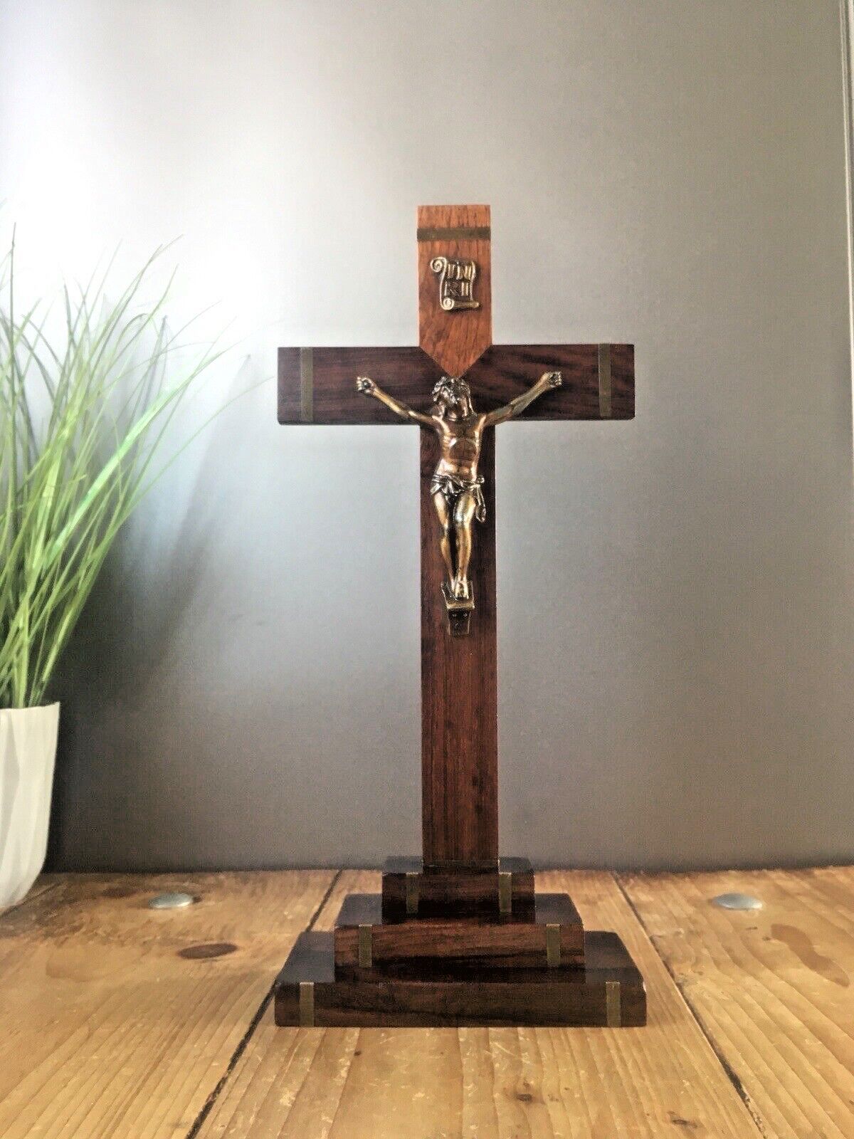 Antique French Art Deco Ecclesiastical Wooden Altar Crucifix Church Cross Jesus photo 125.0