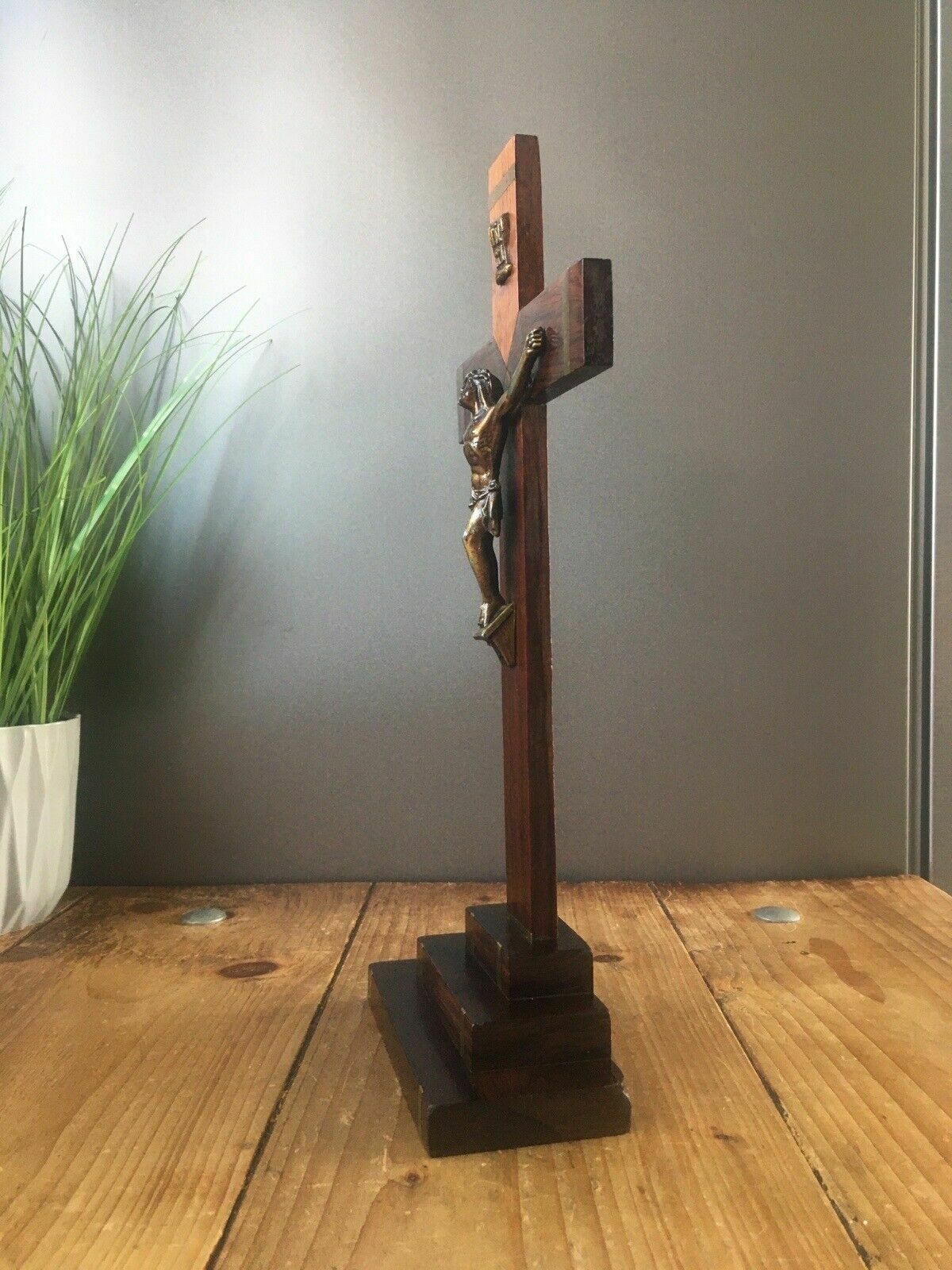 photo for sale Antique French Art Deco Ecclesiastical Wooden Altar Crucifix Church Cross Jesus
