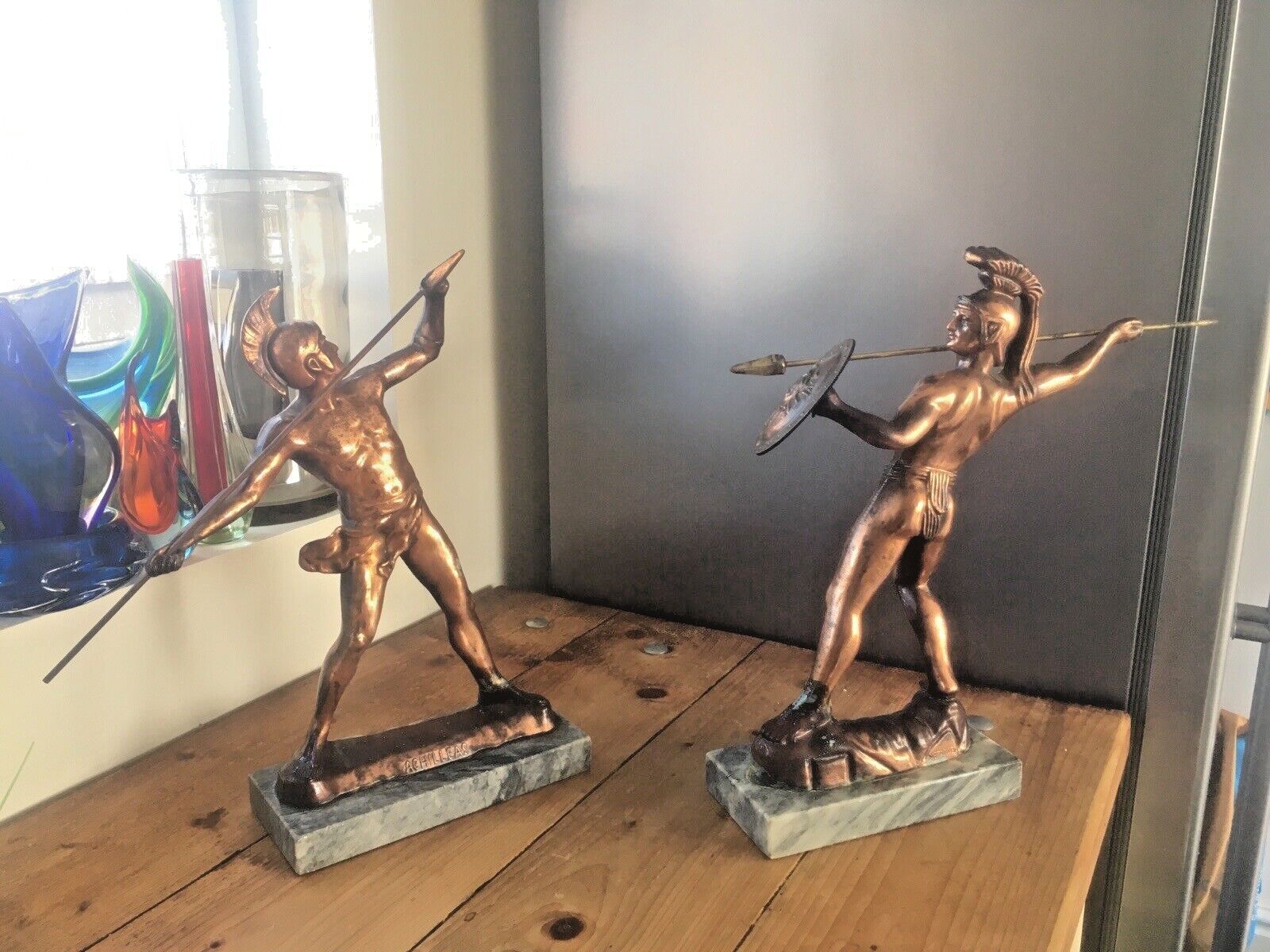 Large Pair Of Grecian Marble Copper Mantel Sculptures Achilles Leonidas Metamee photo furniture