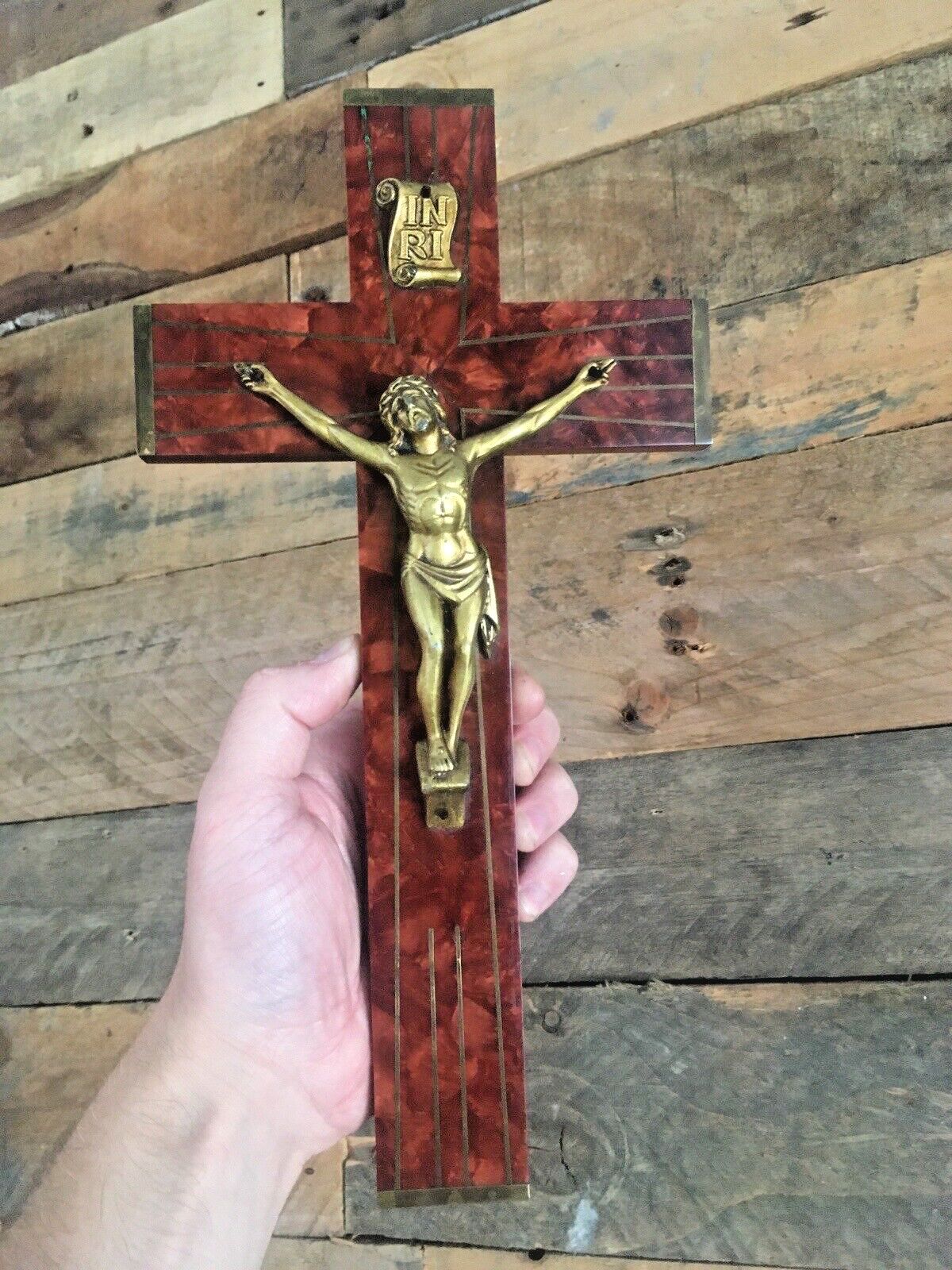 Antique French Art Deco Bakelite Brass Wall Hanging Crucifix Church Cross Jesus