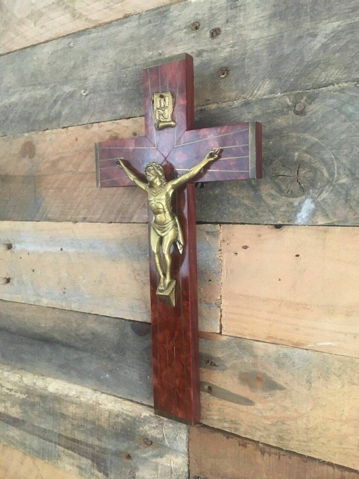 photo for sale Antique French Art Deco Bakelite Brass Wall Hanging Crucifix Church Cross Jesus