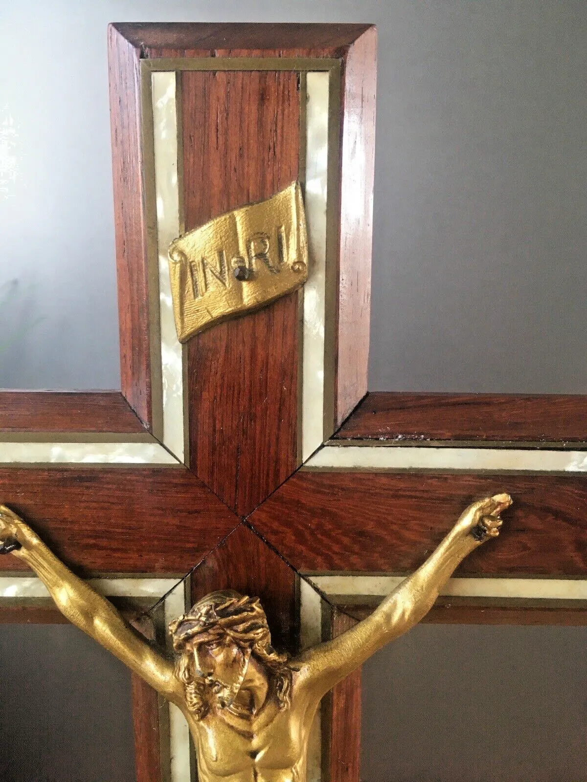 Large Antique Art Deco Wood & Mother Of Pearl Altar Crucifix Church Cross Jesus photo 175.0